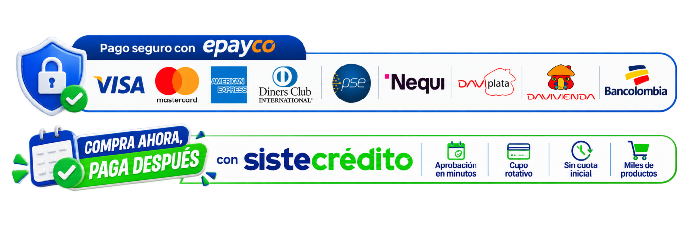 Pago seguro con ePayco: Visa, Mastercard, American Express, Diners Club, PSE, Nequi, DaviPlata, Davivienda, Bancolombia. Compra ahora, paga después con Sistecrédito.
